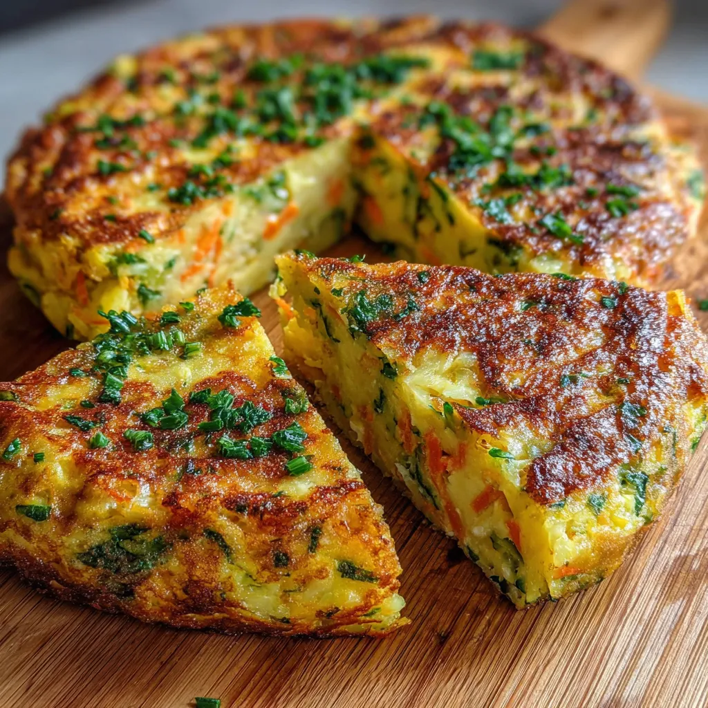 Tortilla de verduras nutritiva recién cocinada en sartén con espinaca, zanahoria y repollo