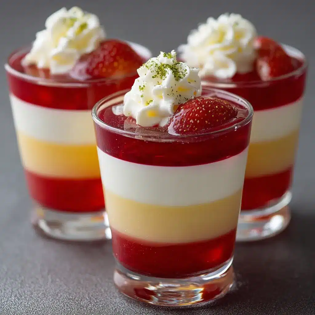 Vasitos de gelatina tricolor con capas de fruta, yogur cremoso y decoración con fresas