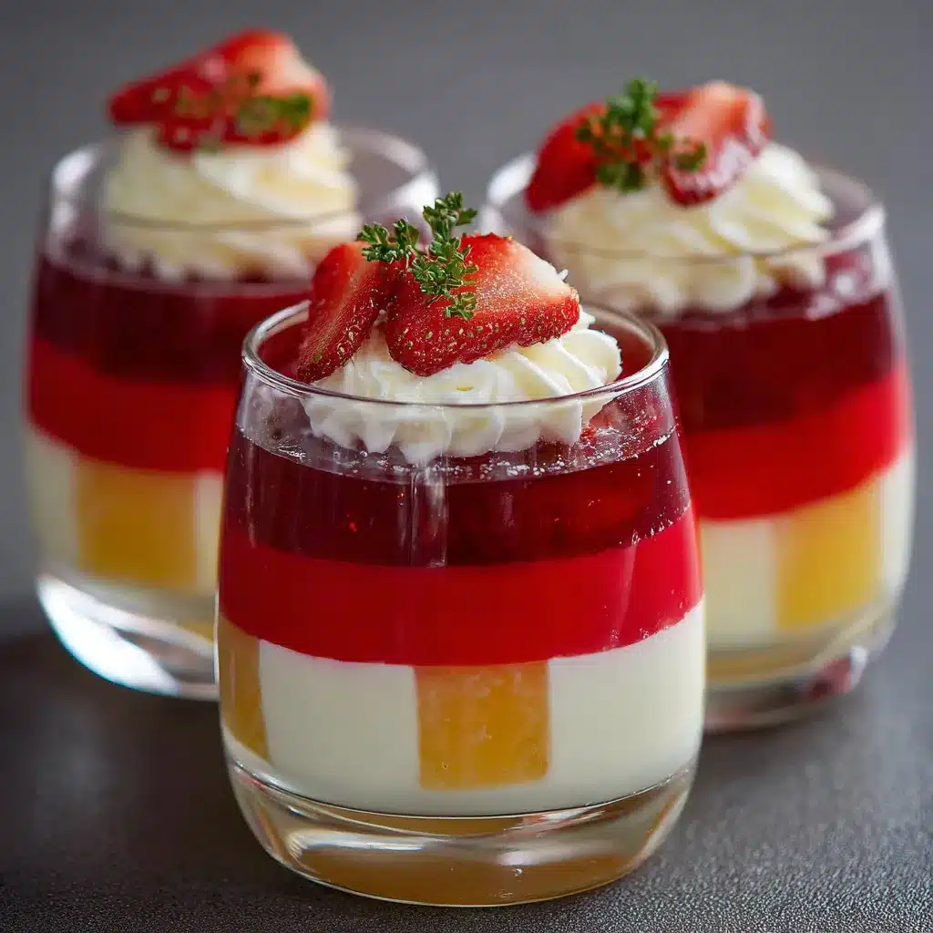 Vasitos de gelatina tricolor con capas de fruta, yogur cremoso y decoración con fresas