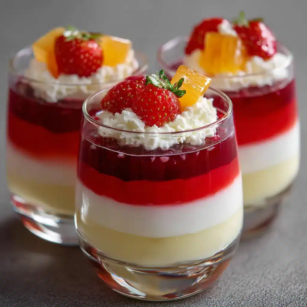 Vasitos de gelatina tricolor con capas de fruta, yogur cremoso y decoración con fresas