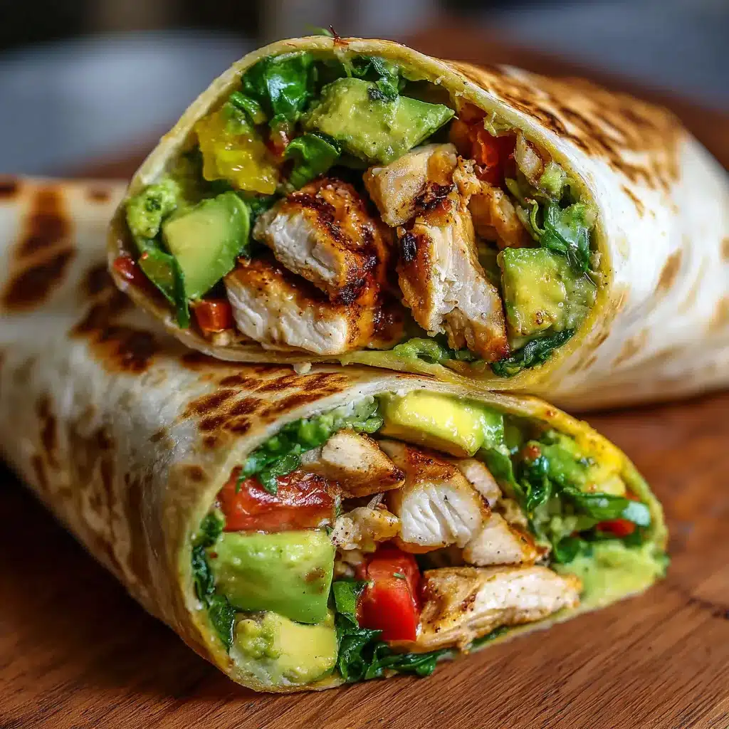 Wrap de pollo con aguacate servido en un plato blanco, acompañado de verduras frescas.