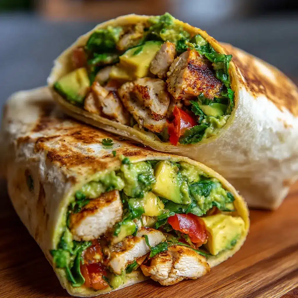 Wrap de pollo con aguacate servido en un plato blanco, acompañado de verduras frescas.
