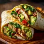 Wrap de pollo con aguacate servido en un plato blanco, acompañado de verduras frescas.