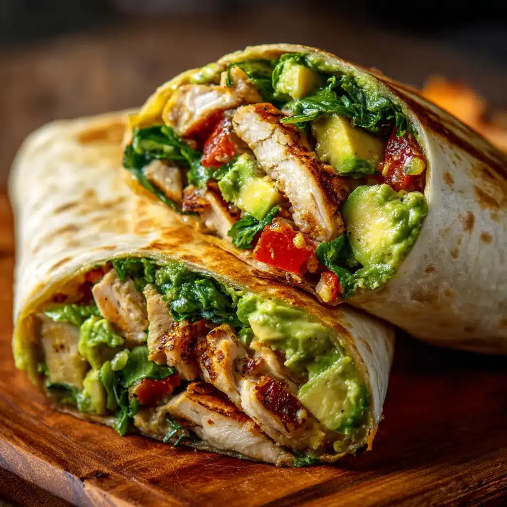 Wrap de pollo con aguacate servido en un plato blanco, acompañado de verduras frescas.