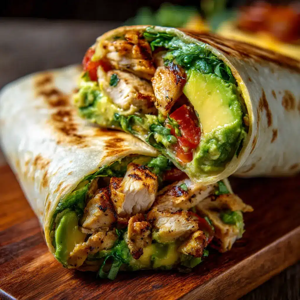 Wrap de pollo con aguacate servido en un plato blanco, acompañado de verduras frescas.