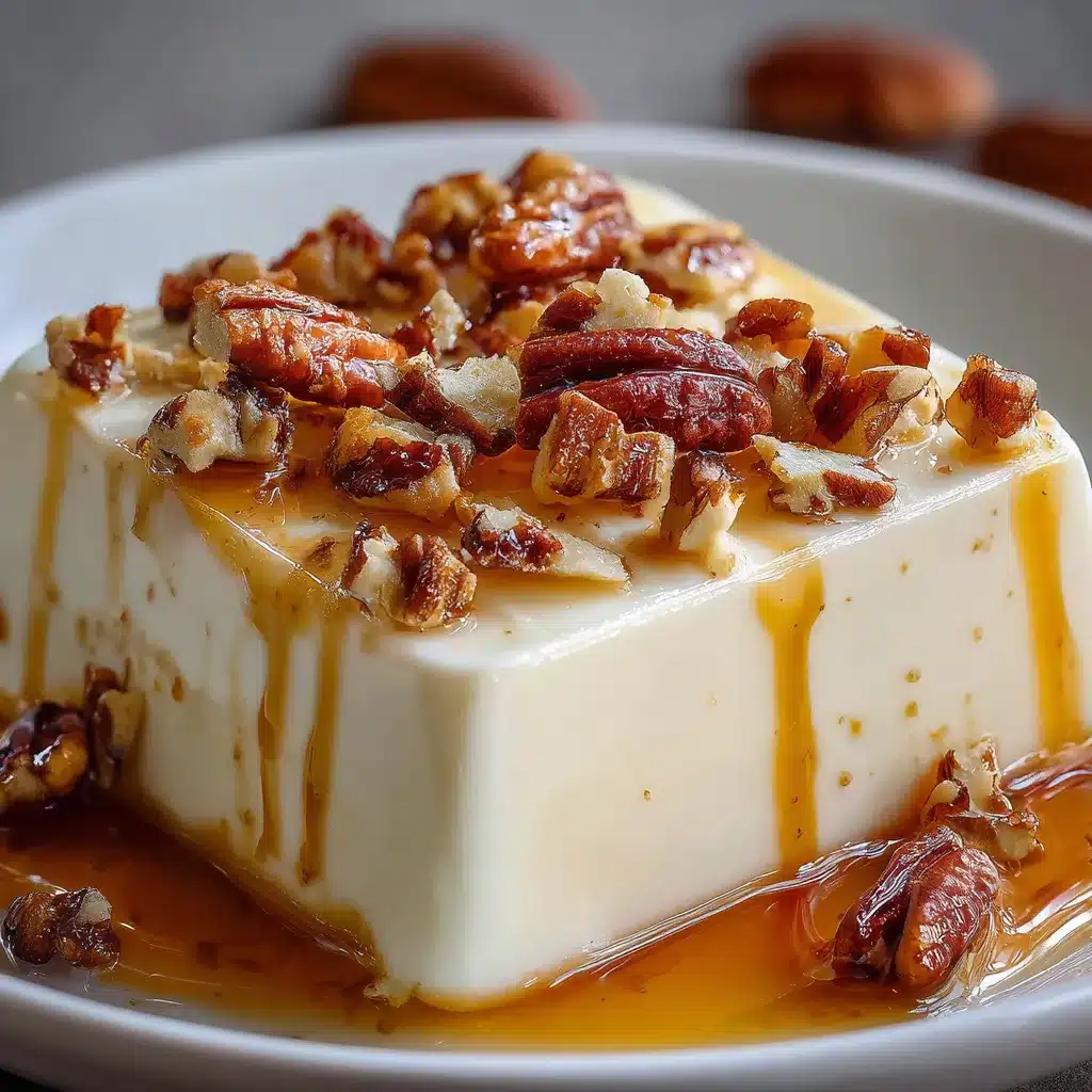 Gelatina de nuez con queso crema servida en plato blanco con nueces decorativas