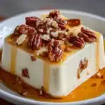 Gelatina de nuez con queso crema servida en plato blanco con nueces decorativas
