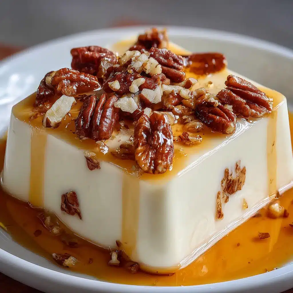 Gelatina de nuez con queso crema servida en plato blanco con nueces decorativas
