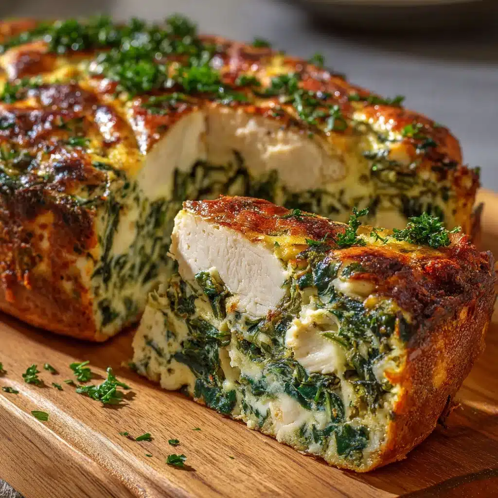 Budín de acelga y pollo recién horneado servido en fuente de cerámica.