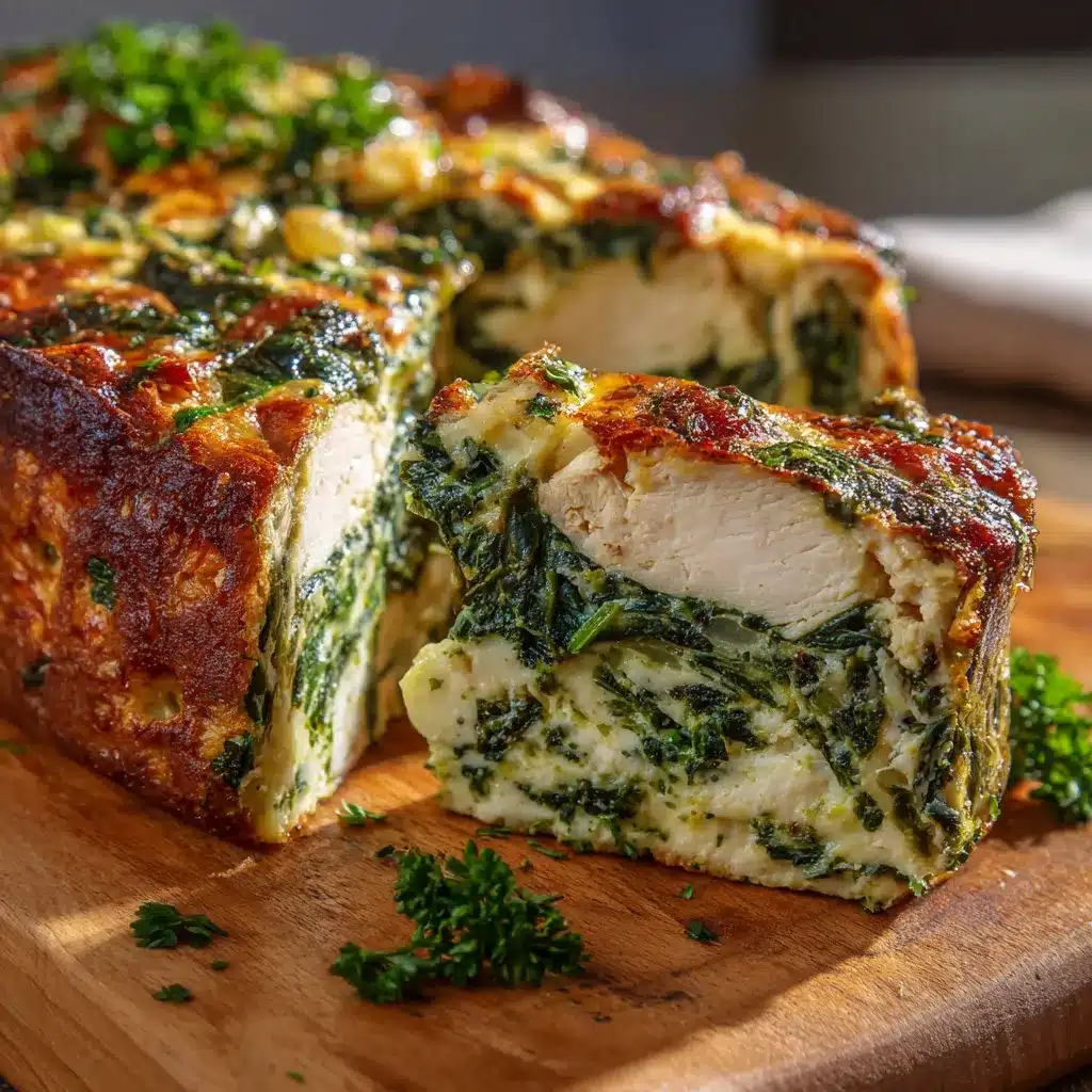 Budín de acelga y pollo recién horneado servido en fuente de cerámica.