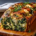 Budín de acelga y pollo recién horneado servido en fuente de cerámica.