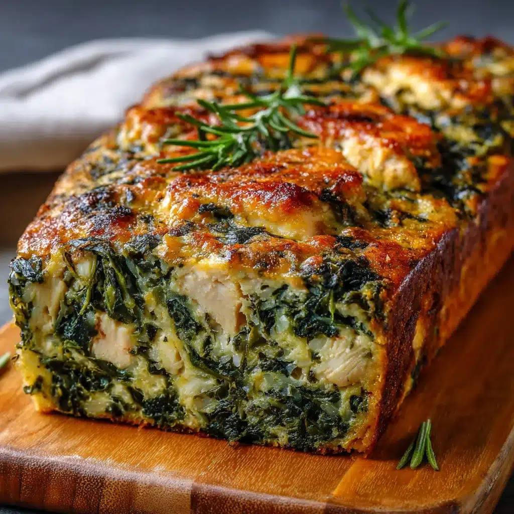 Budín de acelga y pollo recién horneado servido en fuente de cerámica.