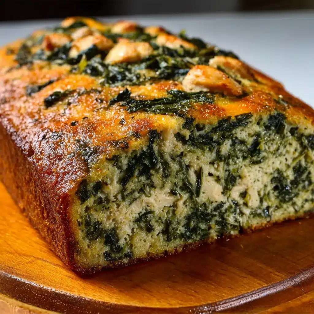 Budín de acelga y pollo recién horneado servido en fuente de cerámica.