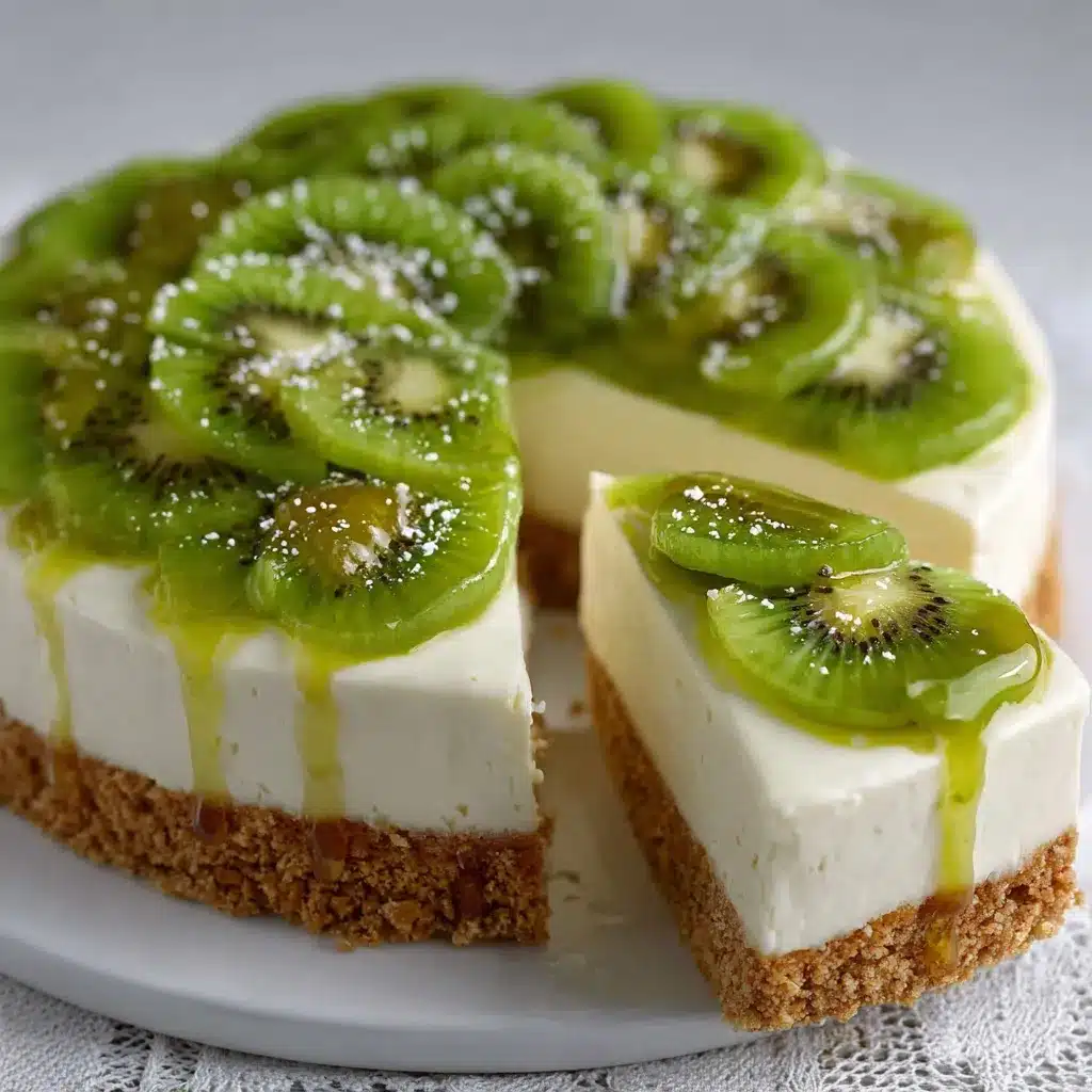 Cheesecake de kiwi decorado con rodajas frescas y cobertura de mermelada