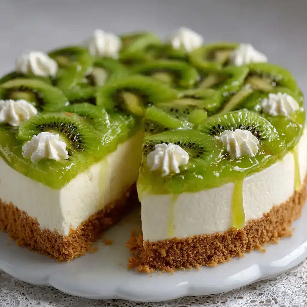 Cheesecake de kiwi decorado con rodajas frescas y cobertura de mermelada