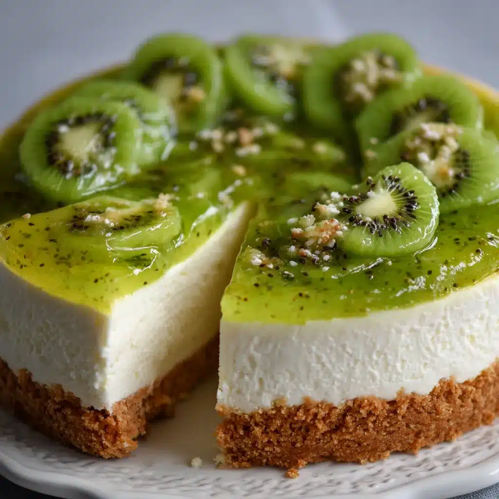 Cheesecake de kiwi decorado con rodajas frescas y cobertura de mermelada