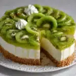 Cheesecake de kiwi decorado con rodajas frescas y cobertura de mermelada