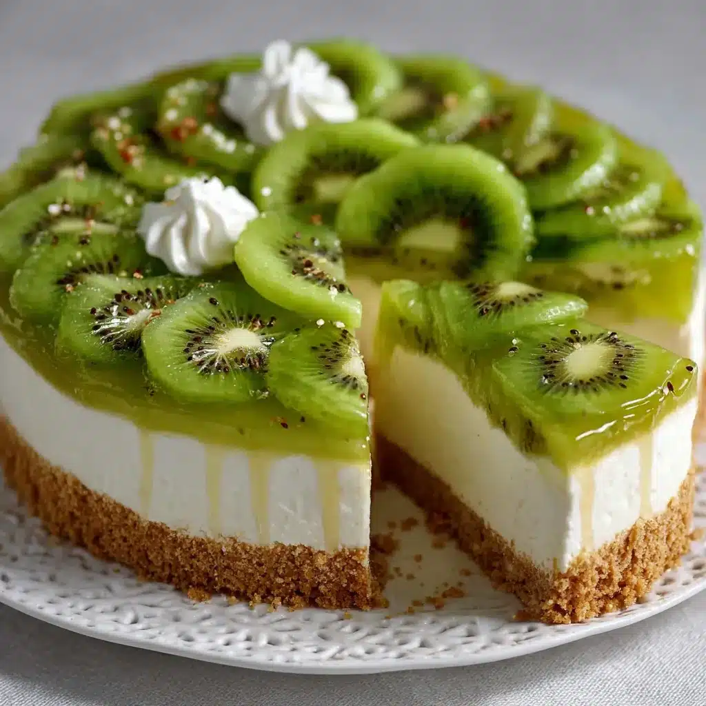 Cheesecake de kiwi decorado con rodajas frescas y cobertura de mermelada