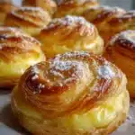Facturas caseras rellenas con crema pastelera sobre bandeja de horneado