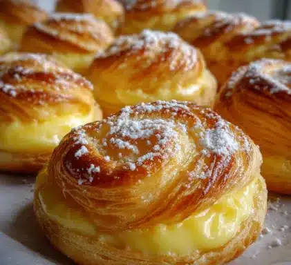 Facturas caseras rellenas con crema pastelera sobre bandeja de horneado