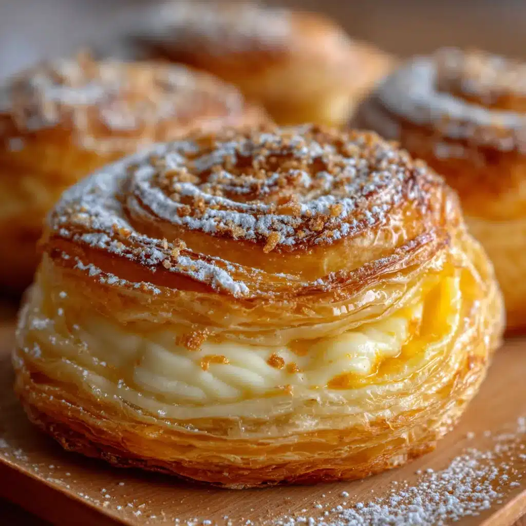 Facturas caseras rellenas con crema pastelera sobre bandeja de horneado