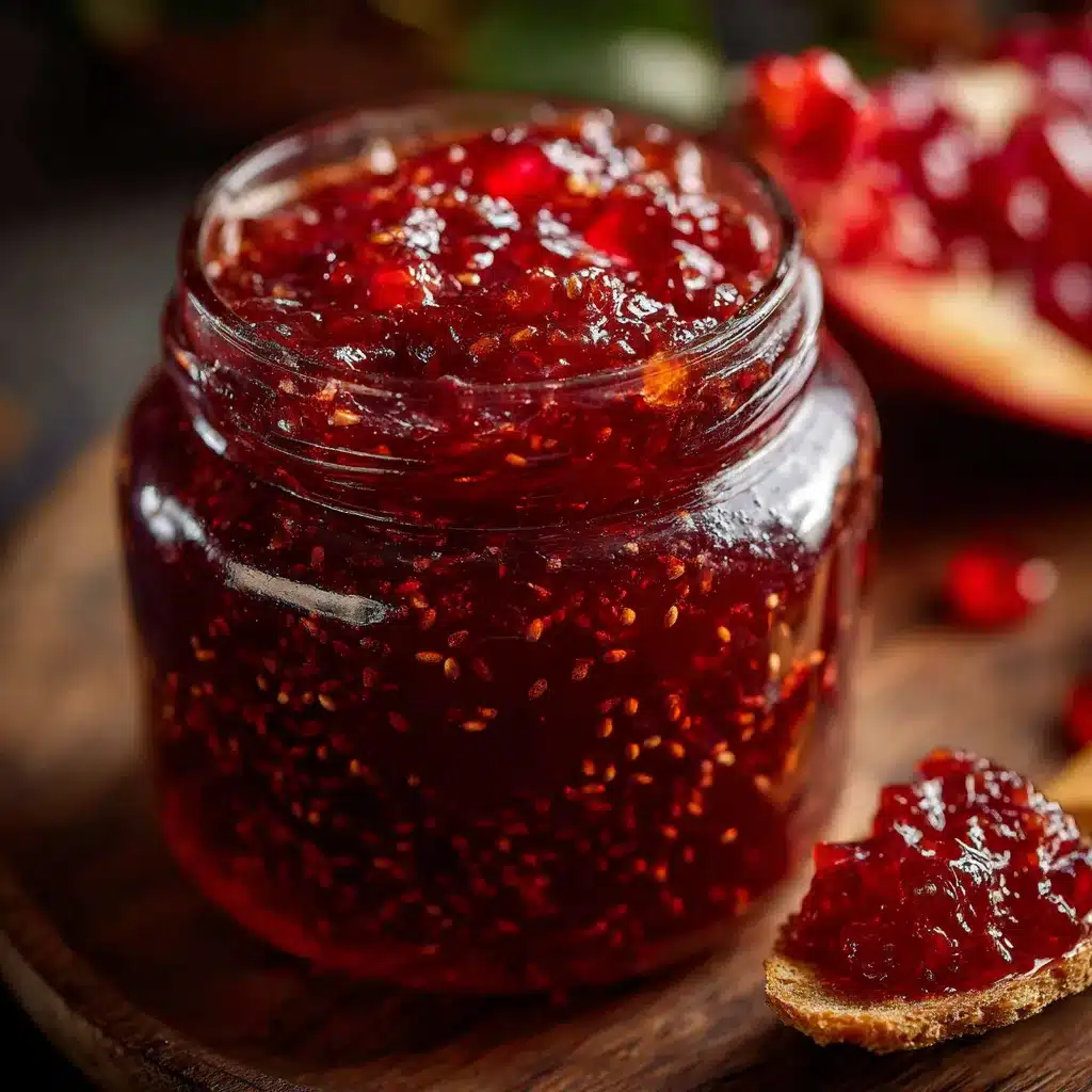 Frasco de mermelada de jamaica con chía sobre una mesa de cocina, acompañado de pan y cuchillo.