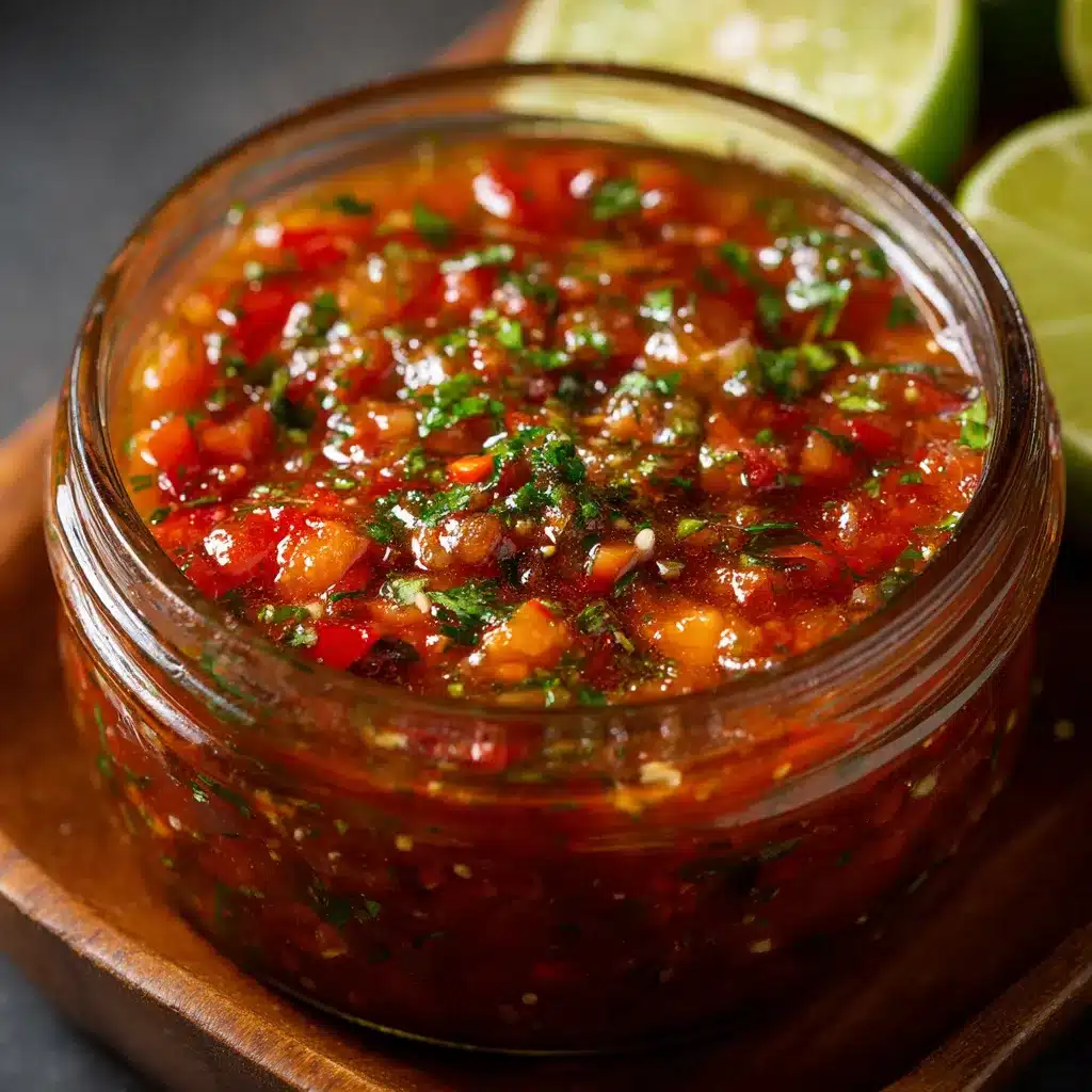 Salsa casera recién hecha en sartén con tomates y albahaca