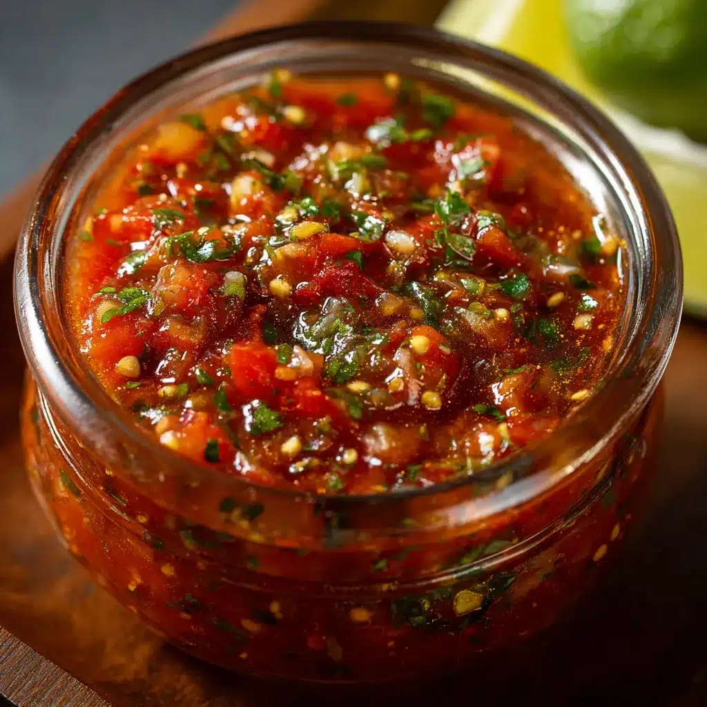 Salsa casera recién hecha en sartén con tomates y albahaca
