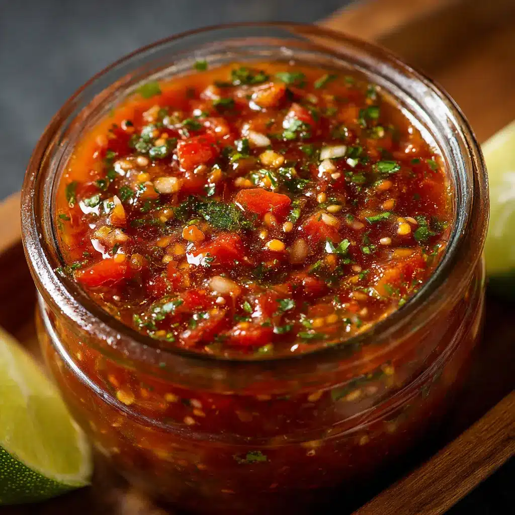 Salsa casera recién hecha en sartén con tomates y albahaca