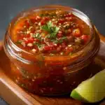 Salsa casera recién hecha en sartén con tomates y albahaca