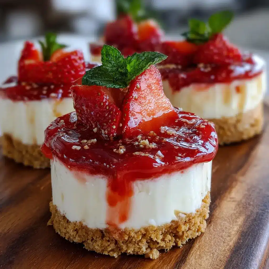 Vasitos de cheesecake de fresa con decoración de fresas frescas y base de galleta.