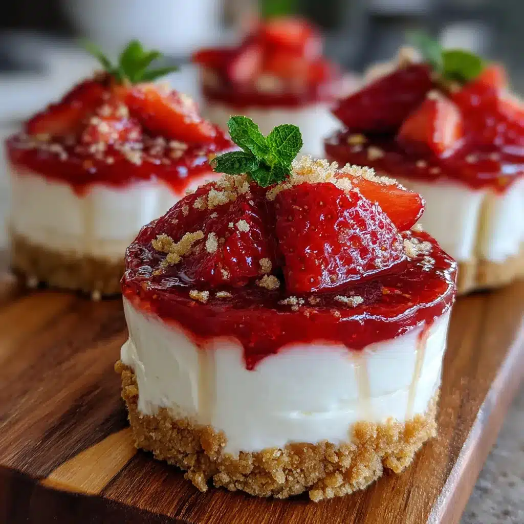 Vasitos de cheesecake de fresa con decoración de fresas frescas y base de galleta.