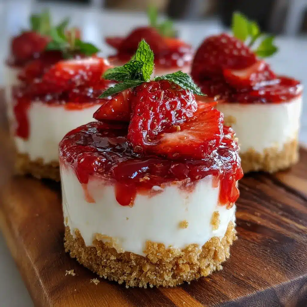 Vasitos de cheesecake de fresa con decoración de fresas frescas y base de galleta.