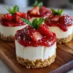 Vasitos de cheesecake de fresa con decoración de fresas frescas y base de galleta.