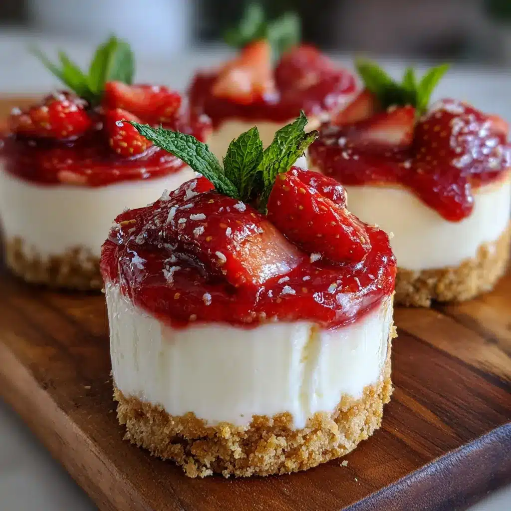 Vasitos de cheesecake de fresa con decoración de fresas frescas y base de galleta.