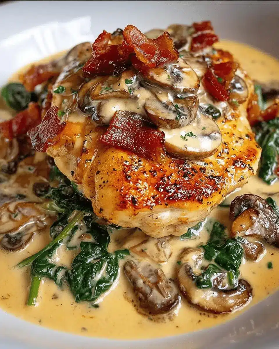 Pollo en Crema de Champiñones con Espinacas y Tocino