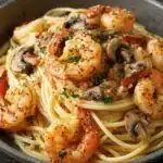 Spaguetti con Camarones y Hongos