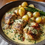Pollo en Crema de Queso, acompañado de Espárragos y Papas Cambray