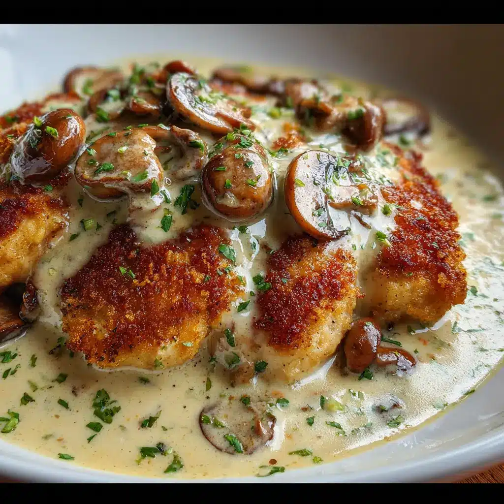 Pollo empanizado en salsa cremosa de champiñones