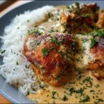 Muslos de Pollo Cremosos con Arroz Blanco