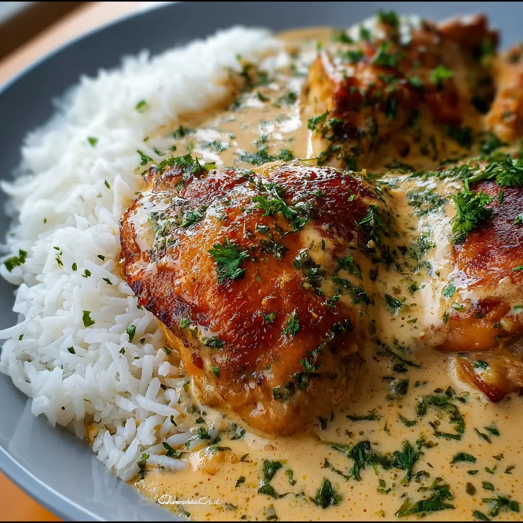 Muslos de Pollo Cremosos con Arroz Blanco