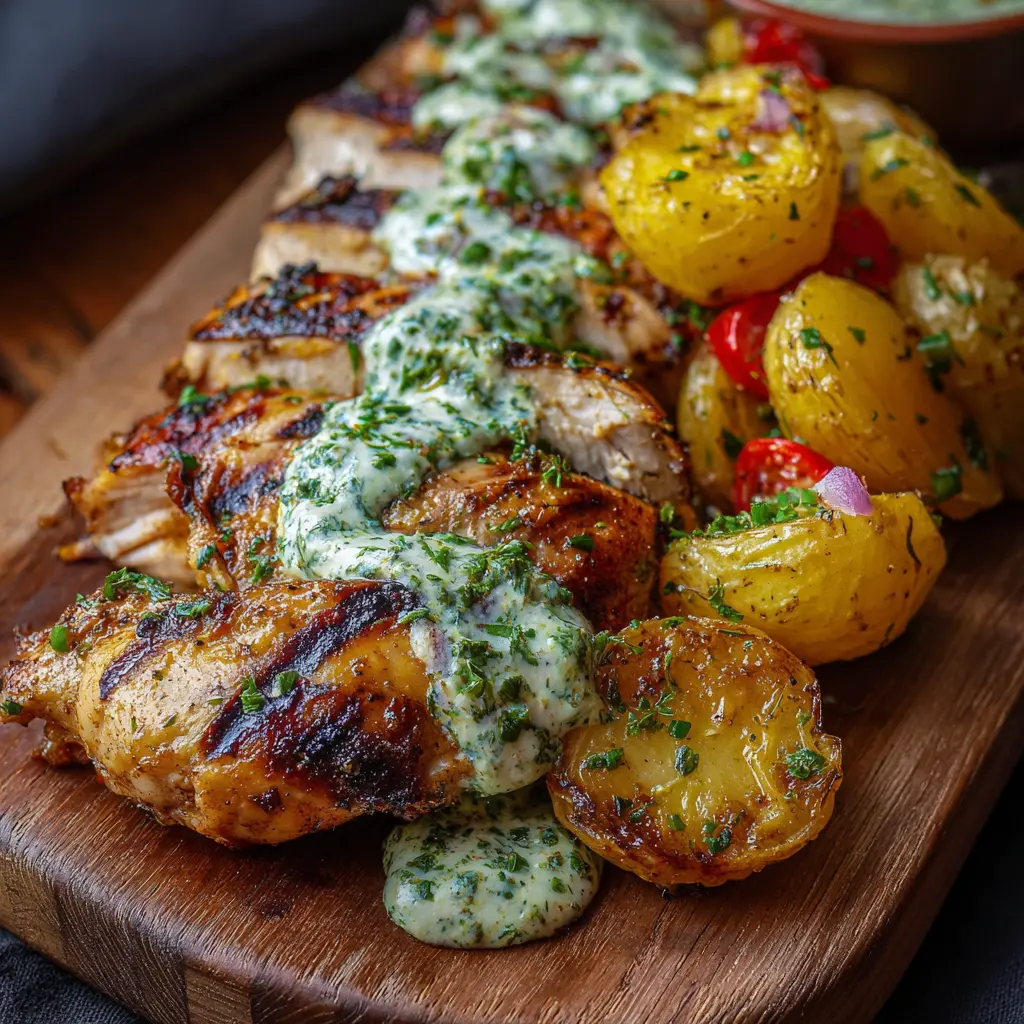 pollo a la parrilla con papas doradas y salsa cremosa de hierbas
