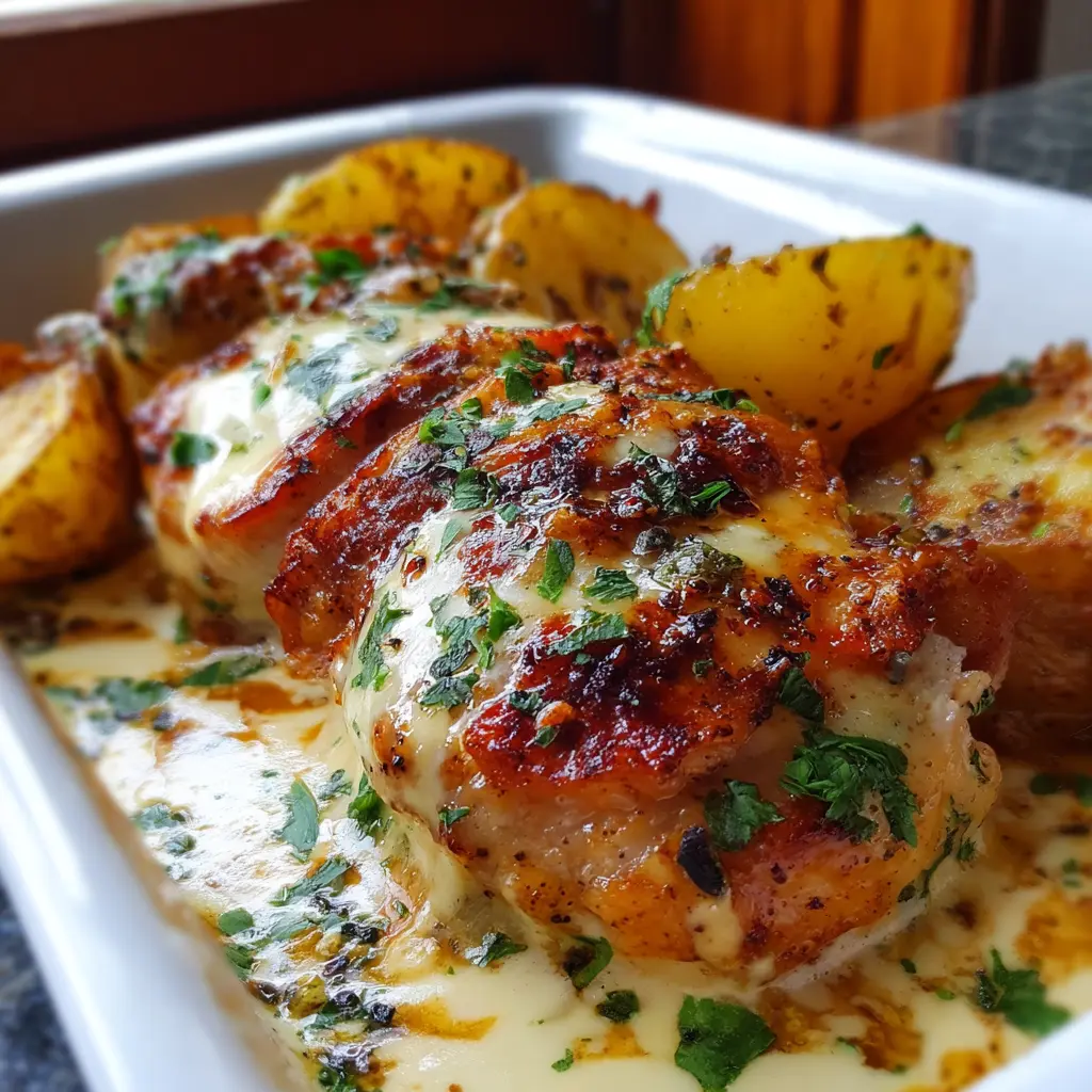 Pollo al Horno con Papas en Salsa Cremosa de Queso