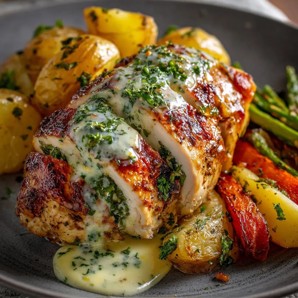 Pechuga de pollo rellena con salsa cremosa de hierbas, papas y vegetales