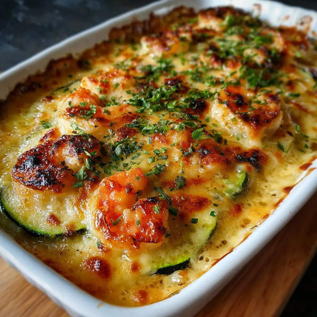 Gratinado Ligero de Langostinos y Calabacín con Queso Dorado