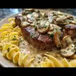 Filete de Res con Salsa de Champiñones Cremosa y Pasta