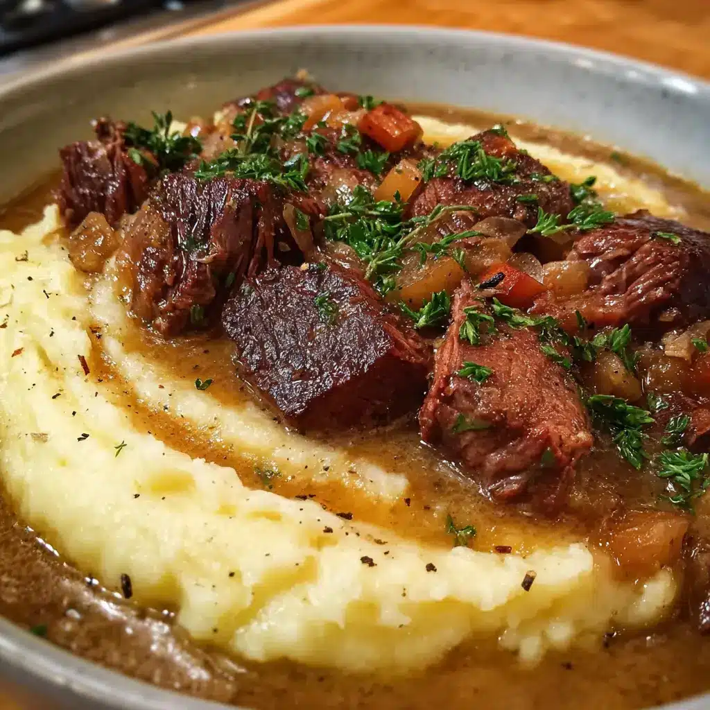 Festín de Carne Estofada sobre Puré de Patatas Cremoso