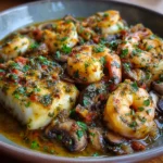 Bacalao al Ajillo con Gambas y Champiñones
