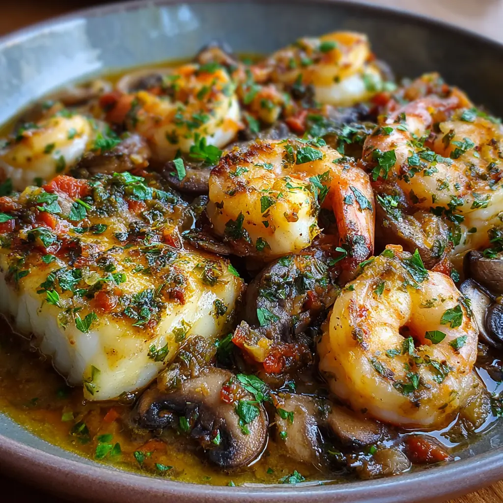 Bacalao al Ajillo con Gambas y Champiñones