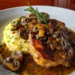 POLLO ASADO CON SALSA DE CHAMPIÑONES Y PURÉ DE PAPA